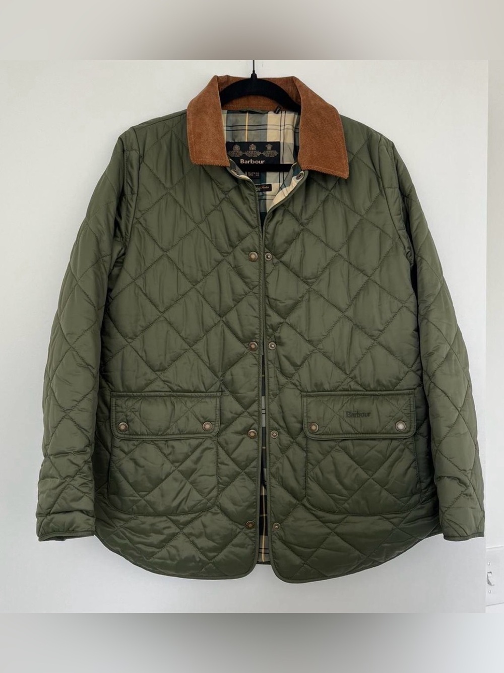 Barbour Olive Quilted Field Jacket with Brown Cord Collar